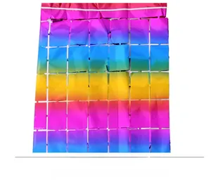 Close-up of rainbow gradient square foil fringe curtain for party wall decoration
