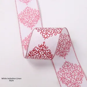 Detail view of 10m faux linen Christmas ribbon with red patterns on white fabric