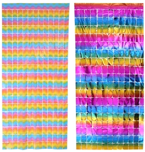 Close-up of rainbow foil fringe curtain with matte and glossy square sequin textures