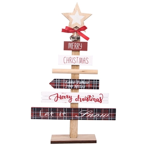 DIY wooden Christmas tree table ornament with bells, bows and holiday greetings
