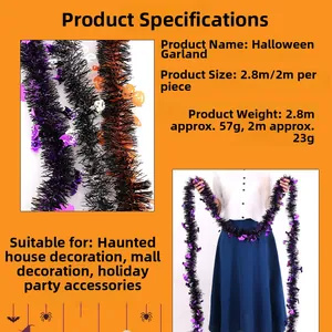 Detailed view of Halloween garland featuring bat and pumpkin motifs on PET tinsel