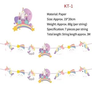 Close-up of pastel unicorn and castle paper bunting flags for birthday party decoration