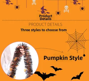 Detail view of Halloween orange pumpkin tinsel garland for festive party decorations