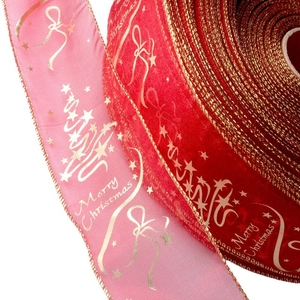6.3cm Christmas velvet and organza ribbons with gold Merry Christmas lettering decor