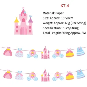 Detail of princess theme party bunting with castle and carriage icons, 3m paper banner