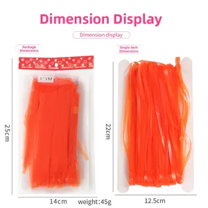 Detail view of 1x1m orange fringe curtain packaging with specific dimensions and 45g weight