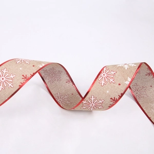 10-meter Christmas faux linen ribbon with red snowflake print and sparkling edges
