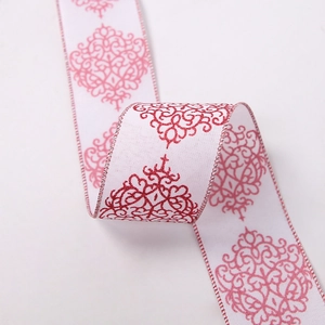 10-meter faux linen Christmas ribbon with red damask pattern for festive DIY crafts
