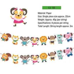 Cartoon animal party banner with fox and lion figures for kids birthday wall decoration