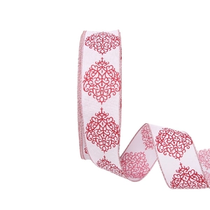 10-meter ivory linen Christmas ribbon with red damask pattern for holiday gift wrapping