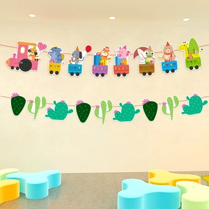 Cartoon animal train and cactus paper banners for baby first birthday party decoration