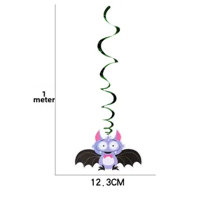 Detail of Halloween purple bat hanging decor with green spiral swirl measuring 1m long