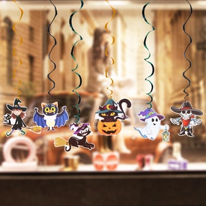 Cartoon Halloween swirl decorations with hanging skull, witch, and pumpkin characters