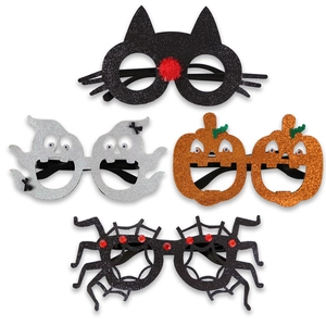 Set van vier Halloween brillen met glitter decoraties van een zwarte kat, spook en spin
