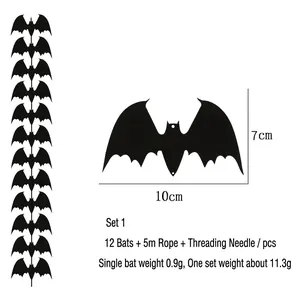 Detailed size specifications for 12pcs black Halloween bat hanging decorations with string
