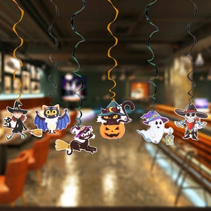 Colorful Halloween hanging swirl decorations set featuring cartoon ghosts and pumpkin characters