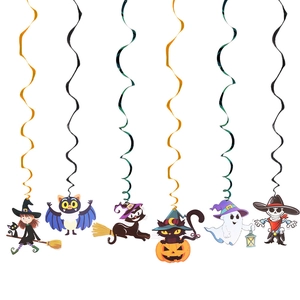 Detail of 6 colorful Halloween swirl hanging decorations with spooky cartoon characters
