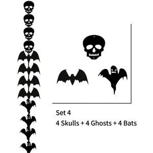 Detail of Halloween non-woven bat skull and ghost hanging set with rope and needle tool