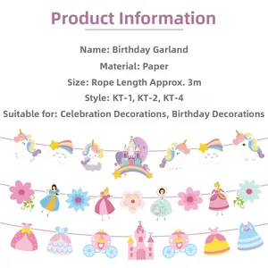 Detail view of 3-meter paper birthday banners featuring unicorn and princess patterns