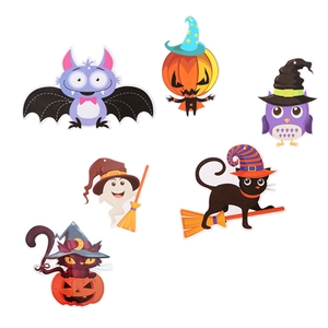 Detailed view of 6 colorful Halloween cartoon charms featuring bats, owls and black cats