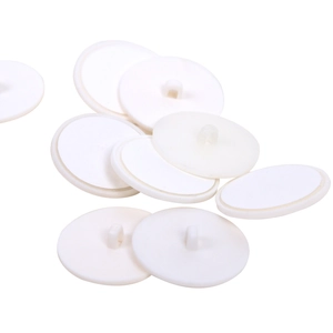Detail view of round white plastic ceiling hooks with secure back loop for decorations