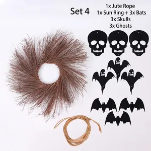 Halloween DIY-Set mit Astkranz, Kordel sowie Anhängern in Form von Totenkopf, Geist und Fledermaus