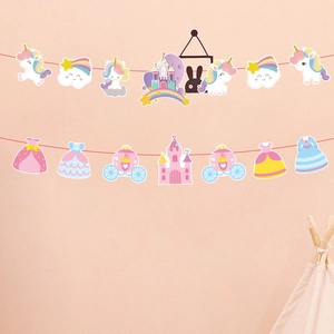 Unicorn and princess castle themed banner decorations for children birthday parties