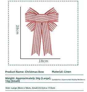 Size specifications for burlap Christmas bows with red and white festive stripes