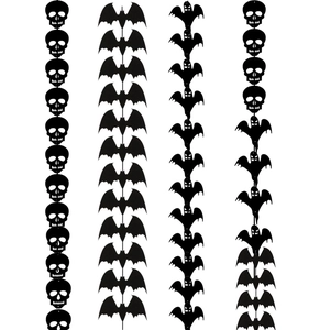 Halloween hanging decorations featuring black felt bats, skulls, and ghost silhouettes for parties