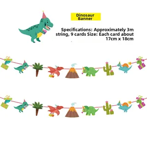 Cartoon dinosaur party banner featuring 9 pieces and 3m string for birthday decor