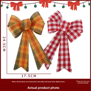 Close-up of orange and red plaid Christmas bows for tree decoration, measuring 24.5x17.5cm