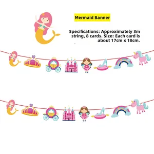 Detail of mermaid party garland featuring cartoon cards with princess and unicorn motifs