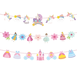 Cartoon unicorn and princess castle themed bunting banners for children birthday party decor
