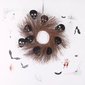 Halloween Kranz Dekoration Natürlicher Zweigkranz Mit Schwarzen Fledermäusen Geist Skelett Vliesstoff DIY Wandbehang Girlande