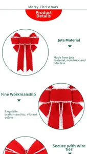 Detail of red burlap Christmas bow with white plush trim and twist tie fastener