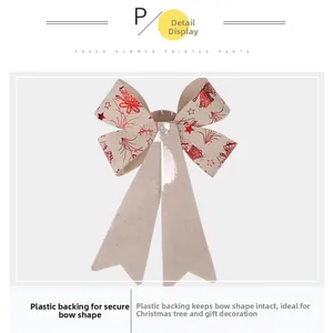 Dettaglio fiocco natalizio in lino da 25cm con stampa glitter rossa e supporto interno