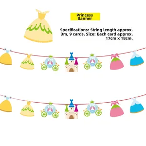 Detail of princess theme birthday banner with castle, carriage and dress patterns