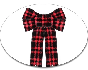 Detail of red and black buffalo plaid decorative bow with ribbon tails for Christmas decor