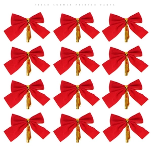 Set of 12 red satin decorative bows with gold metallic ties for Christmas tree decor