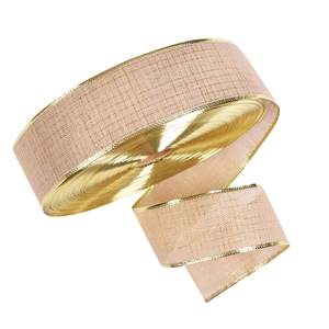 Ruban de Noël décoratif rose avec bords dorés et texture en maille scintillante pour cadeaux