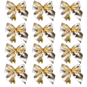 Set of 12 shiny golden Christmas bows with glitter finish and clips on white background