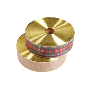 Rubans de Noël à carreaux et aspect lin avec finition dorée brillante pour emballages cadeaux