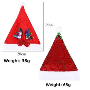 Cappello natalizio rosso con paillettes 36x28cm con dettagli peso e bordo in peluche
