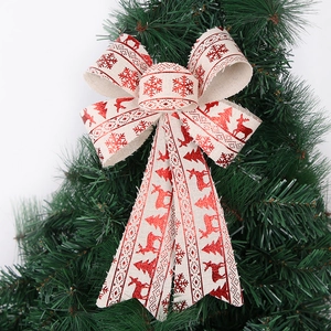 Fiocco natalizio 25cm in lino beige con renna e fiocchi di neve glitter rossi