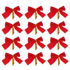Set of 12 red velvet Christmas bows with gold ties for festive tree and gift decoration