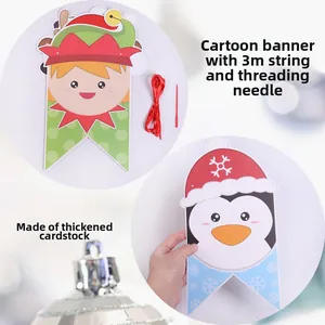 Detailed Christmas cartoon banner set with reindeer cards, 3m red string and plastic needle