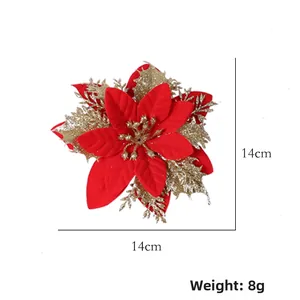Detail of 14cm red and gold glitter Christmas poinsettia flower with soft velvet texture