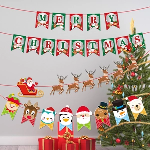 Christmas Hanging Banner Decorations Reindeer Santa Claus Cartoon Character Paper Banner Festive Home Wall Decor Party Celebration Ornaments