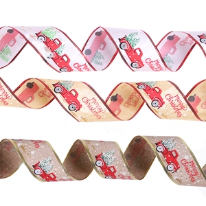 10-meter set of Merry Christmas ribbons with red truck design for festive tree decor
