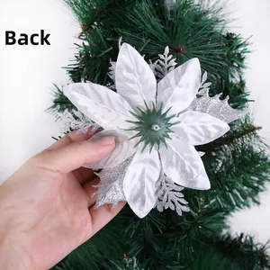 Detailed back view of a 14cm silver artificial Christmas flower with glittered petals
